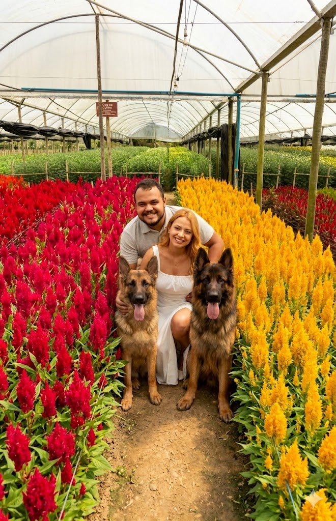 The Old Pine owners with their dogs among the red and gold celosia rows in the greenhouse
