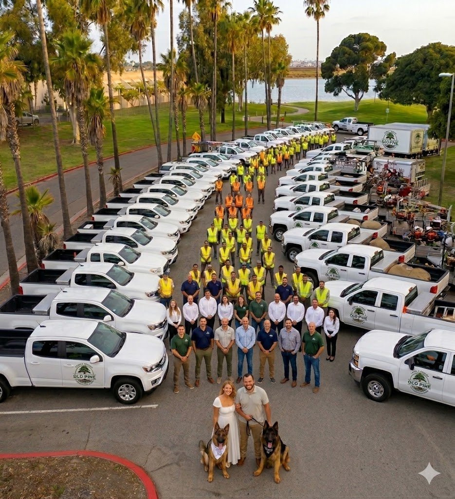 The full Old Pine crew and truck fleet gathered with the family owners at the front of the lot