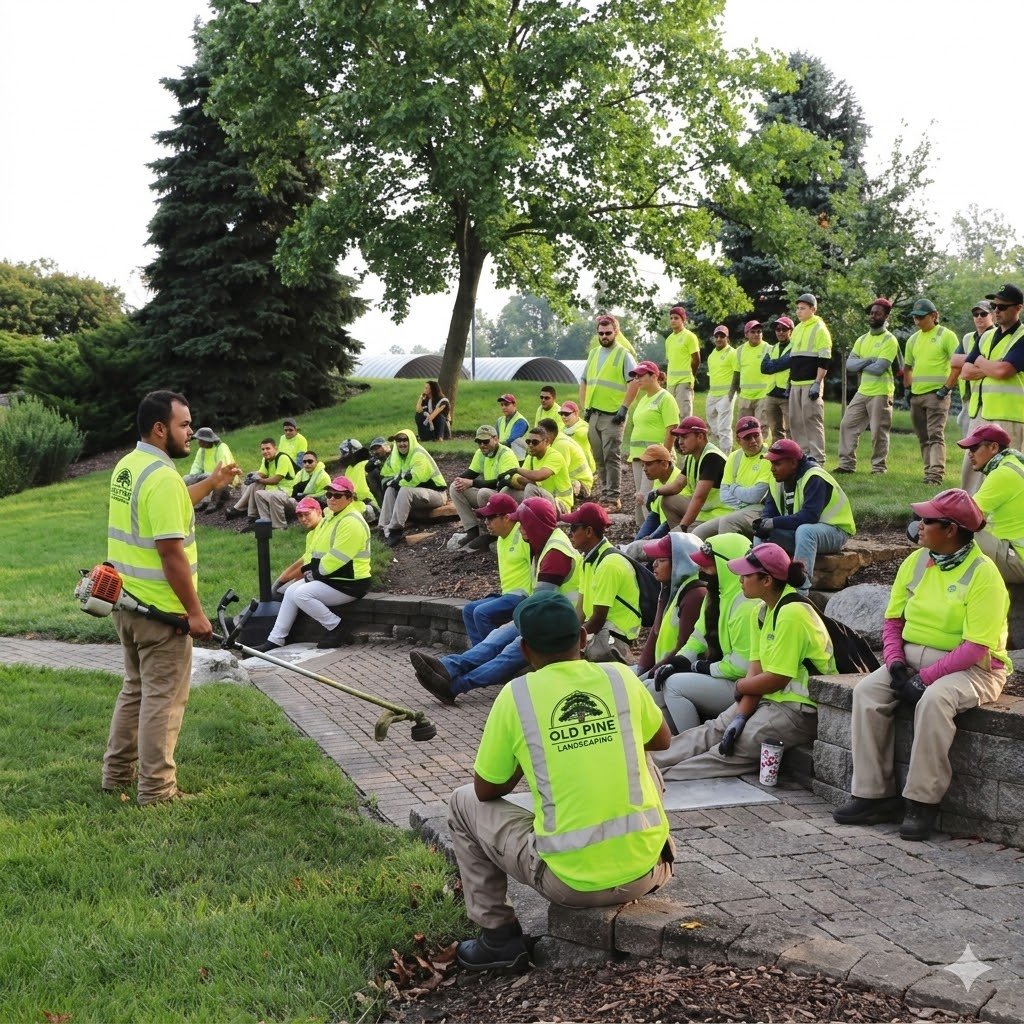 An Old Pine supervisor leading a hands-on training session for the full crew on the lawn